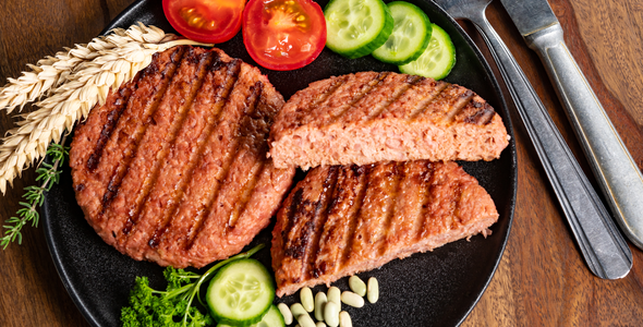 Plant based meat patty on a plate with various vegetable around it.